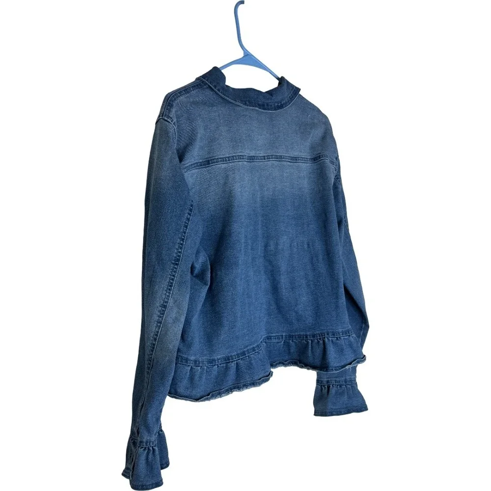 Baccini Denim Jacket Women XL Blue Ruffle Cuff Peplum Hem Button Front Jean Coat - Picture 2 of 11